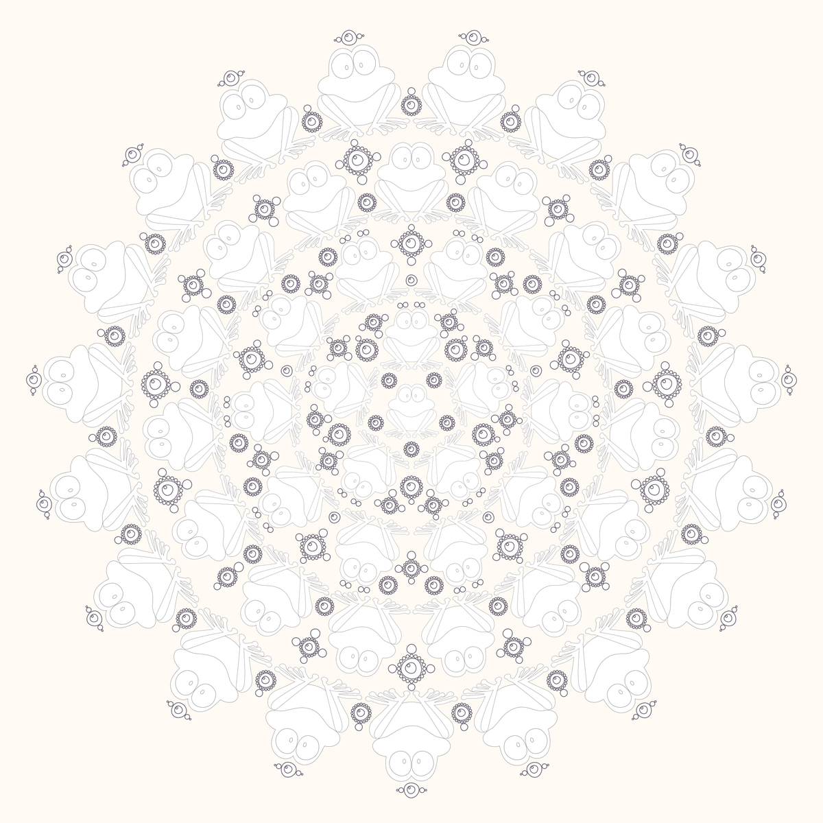 Un Mandala in bianco e nero di Bogo, pronto da stampare, con personaggi leggibili e dettagli equilibrati.