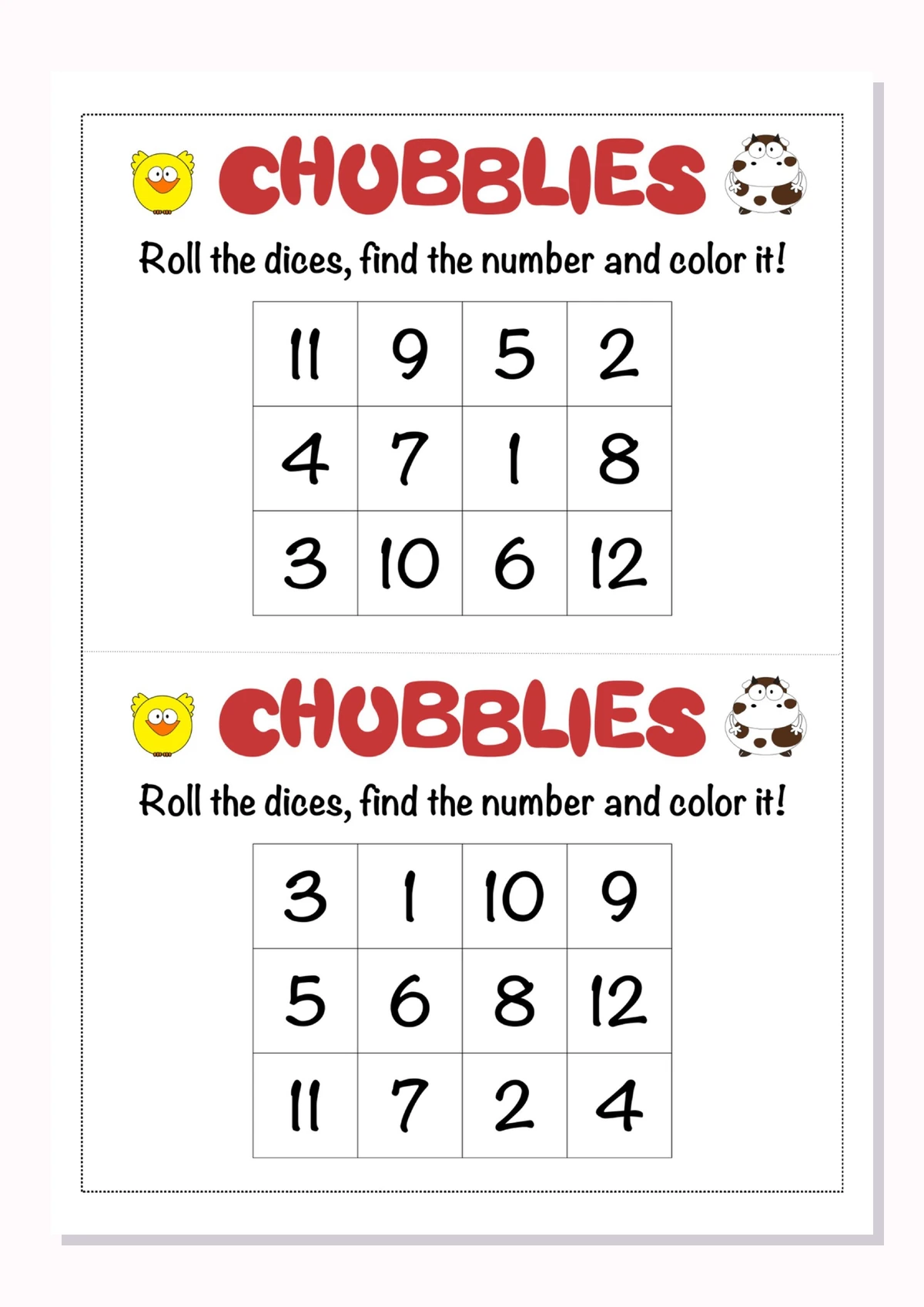 Preview of Chubblies Preschool Math Game - Roll the Dices, Find the Number and Color It!