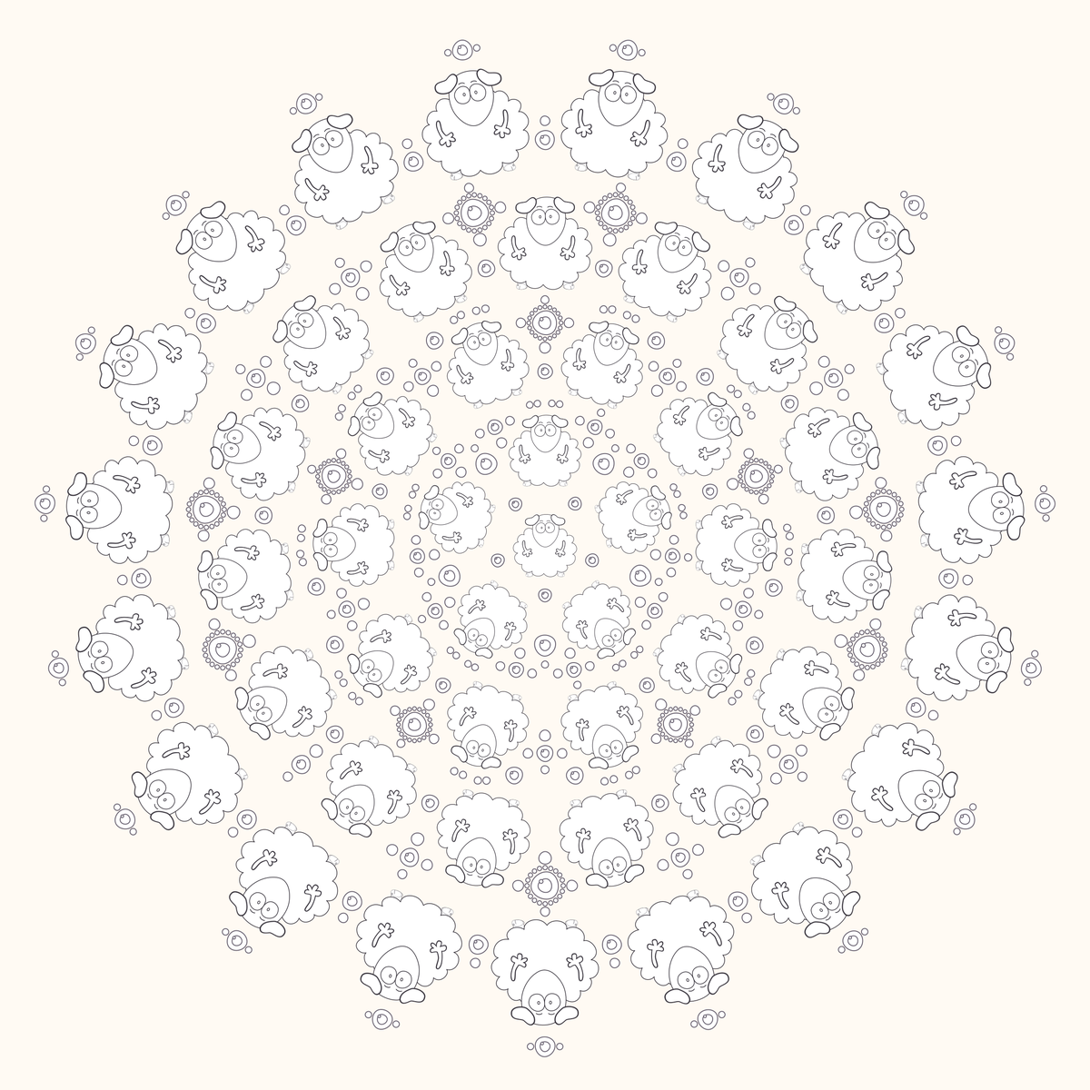 A printable black-and-white Lumi Mandala with large readable Chubblies and balanced coloring detail.