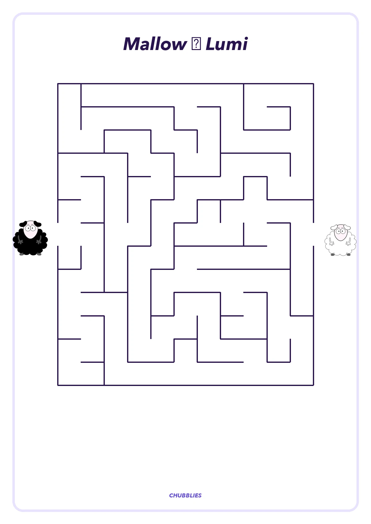 A printable maze with Mallow beside the entrance and Lumi beside the goal