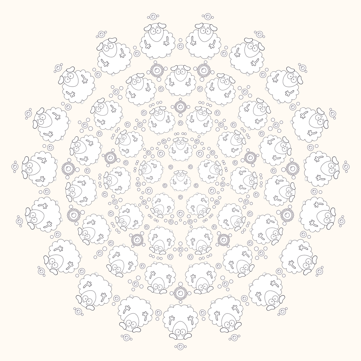 Un Mandala in bianco e nero di Mallow, pronto da stampare, con personaggi leggibili e dettagli equilibrati.