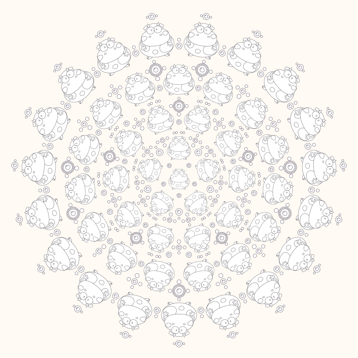 Un Mandala in bianco e nero di Mooka, pronto da stampare, con personaggi leggibili e dettagli equilibrati.