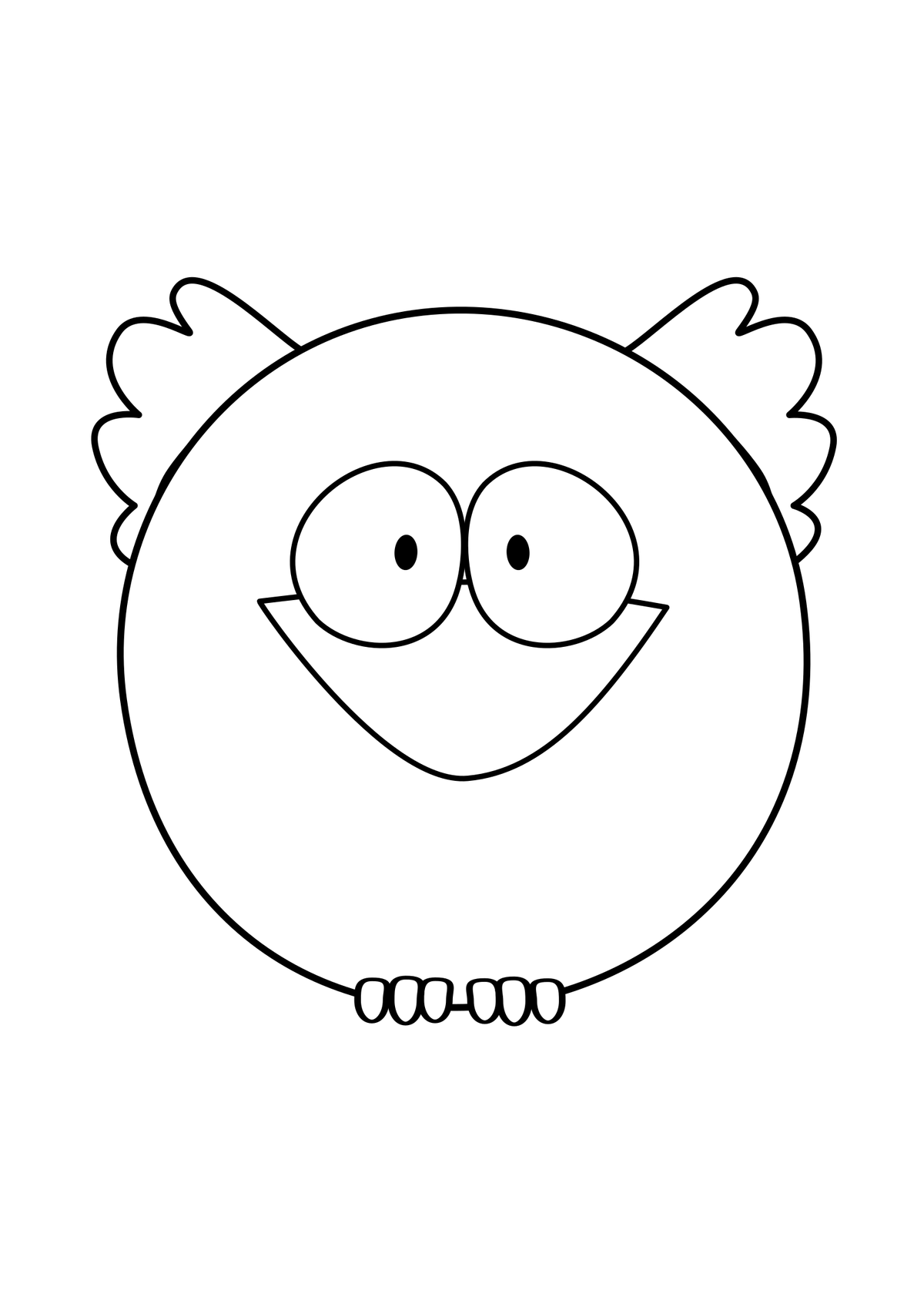 Black line drawing of Piki facing forward, enlarged with clearly separated wings, eyes, beak and toes
