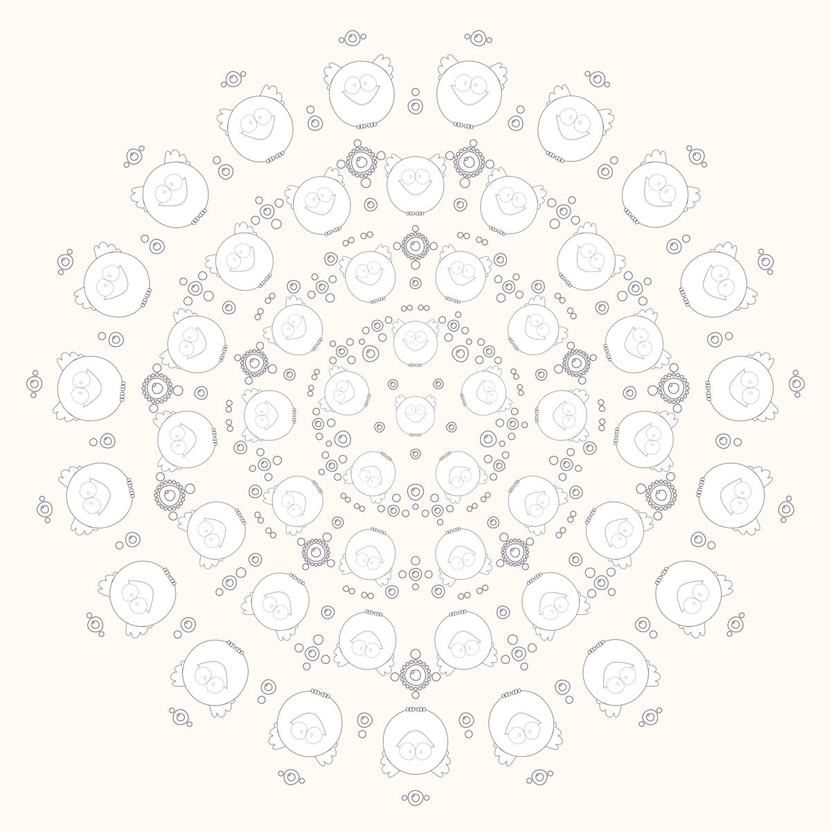 A printable black-and-white Piki Mandala with large readable Chubblies and balanced coloring detail.