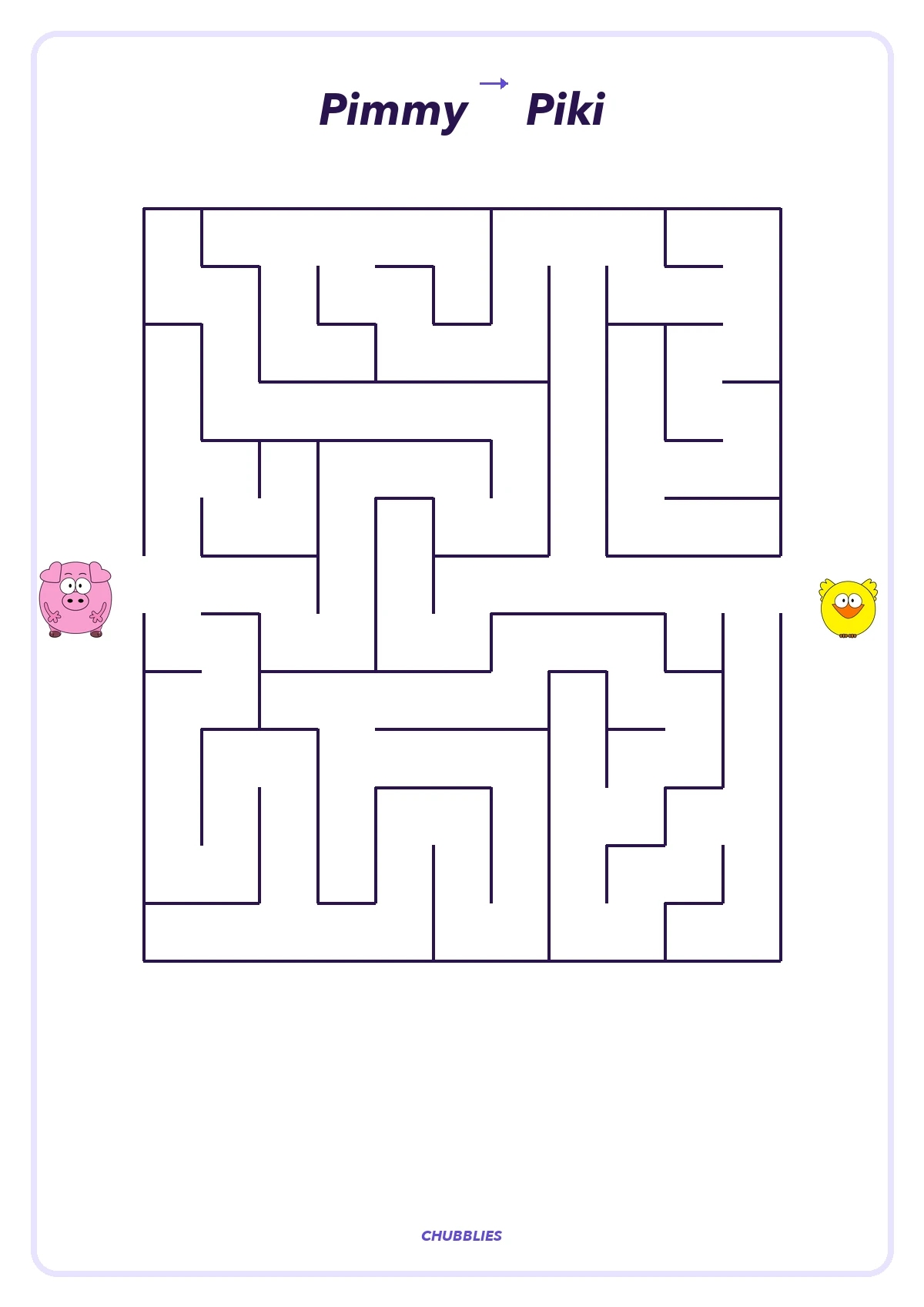 Printable maze with Pimmy beside the entrance and Piki beside the goal