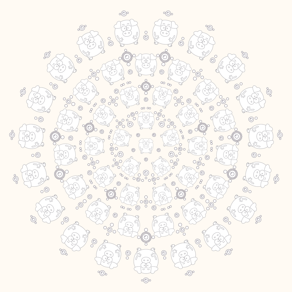 A printable black-and-white Pimmy Mandala with large readable Chubblies and balanced coloring detail.