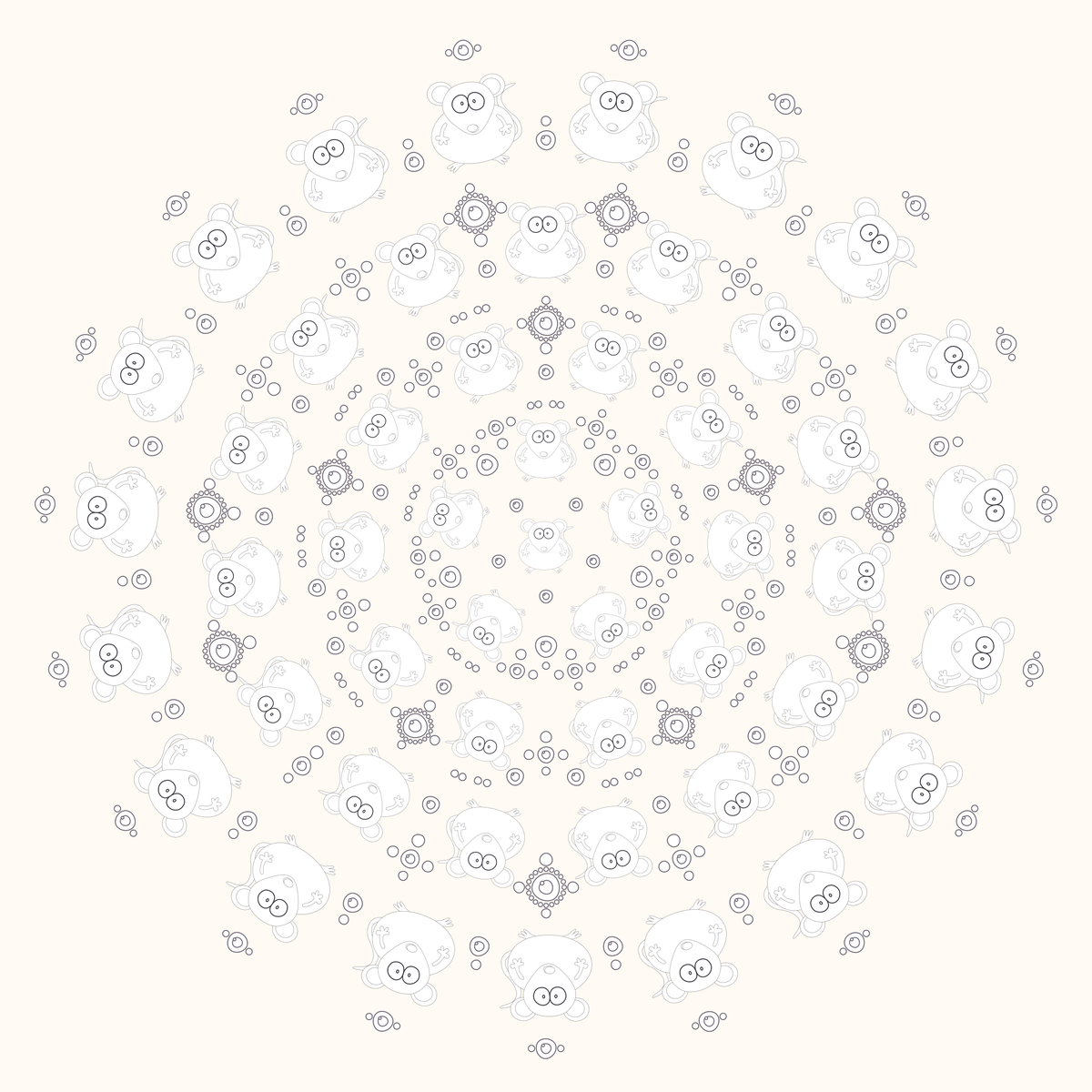 A printable black-and-white Sumi Mandala with large readable Chubblies and balanced coloring detail.
